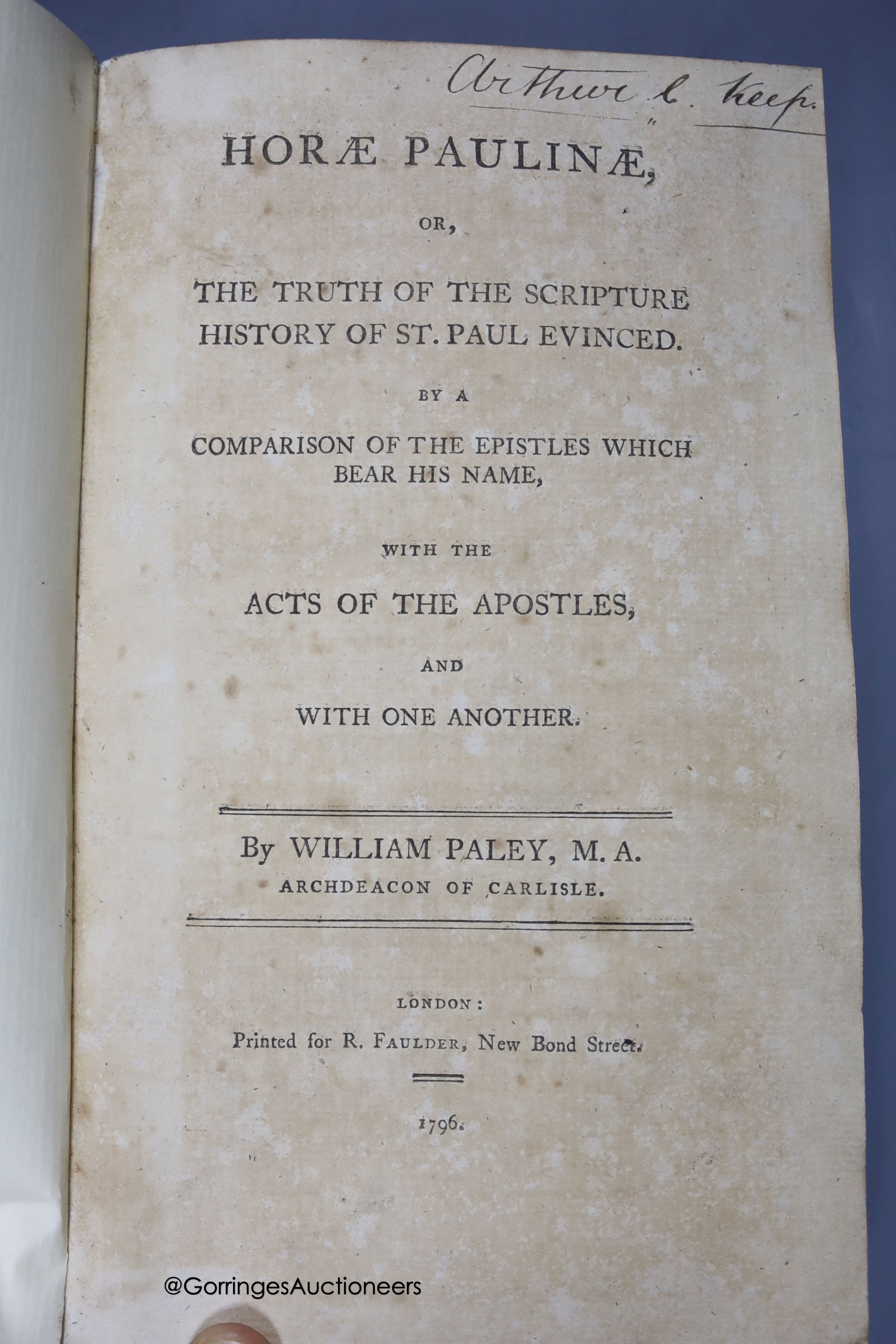 A collection of leather bound books, including The Truth of The Scripture 1796 to follow The Whole Duty of Man 1808 and Pompeii-Dyer 1875